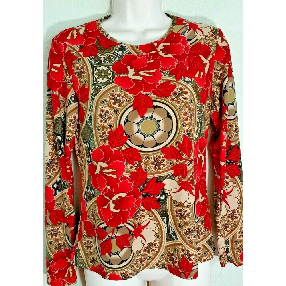 ZN Zinc Red Beige Floral Print Long Sleeve Crew Neck Blouse Size S‎ Small EUC